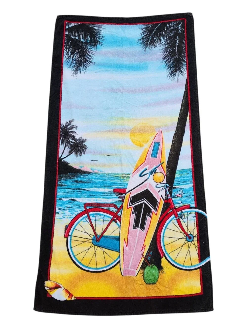 Surfer Beach Towel VTG 80's 90's Palm Tree Sunset Beach Cruiser Bike 54